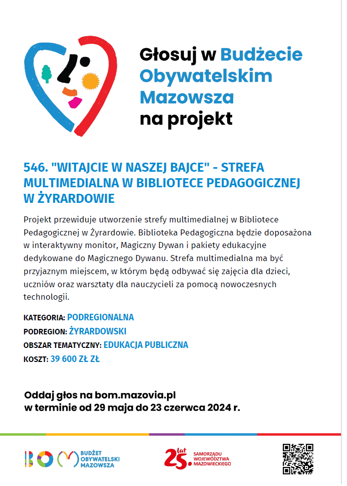 Grafika przedstawiająca logo Budżetu Mazowsza Zachodniego oraz zasady głosowania na projekt Biblioteki