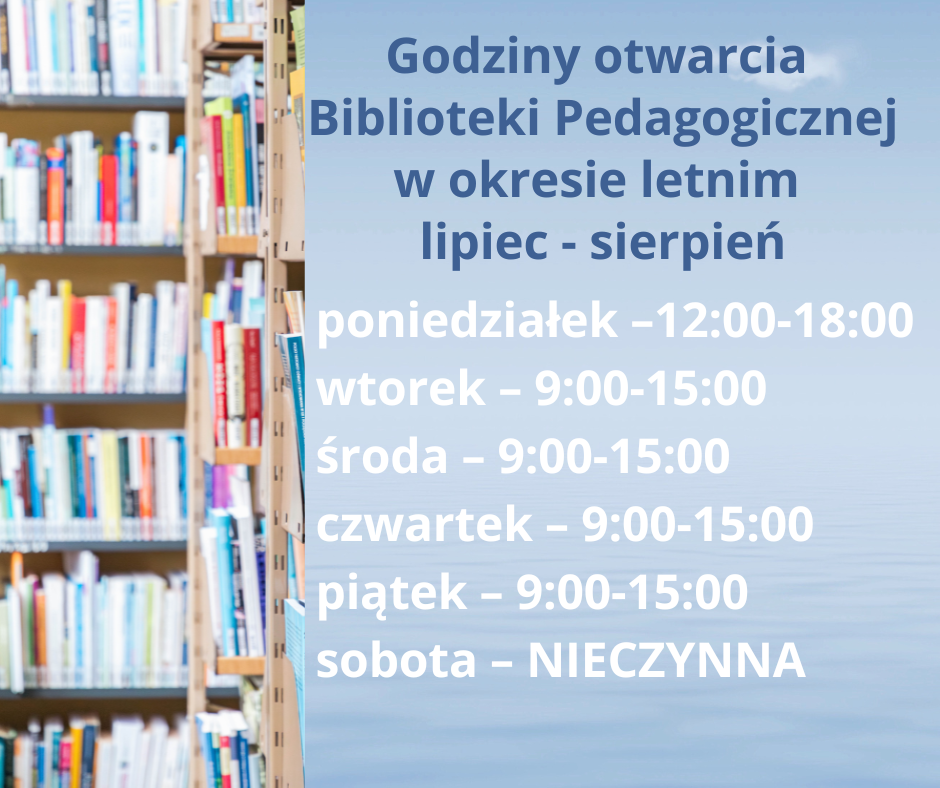Grafika przedstawia napisy informujące o godzinach otwarcia biblioteki na tle błękitnego morza oraz półek z kolorowymi książkami.