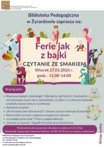 Kolorowy plakat z obrazkami postaci z bajek wraz z programem imprezy bibliotecznej.