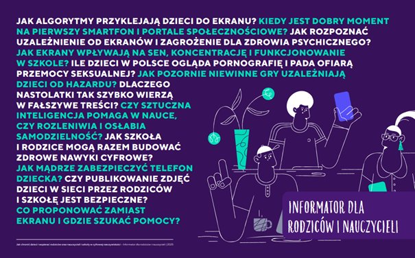 Pierwsza strona informatora. Białe napisy na fioletowym tle. 