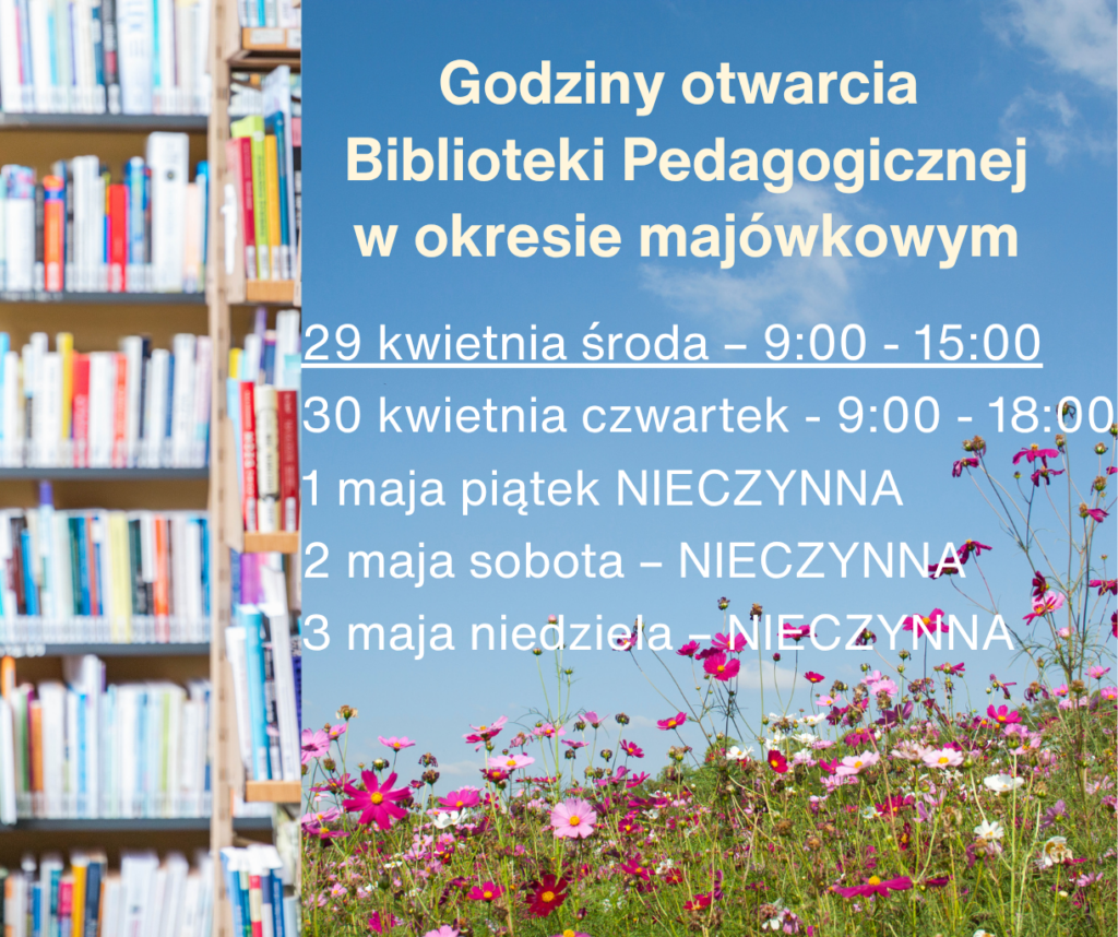 Kolorowa grafika przedstawiająca tekst oraz kwiaty na łące, bezchmurne niebo i książki na regałach w pomieszczeniu biblioteki.