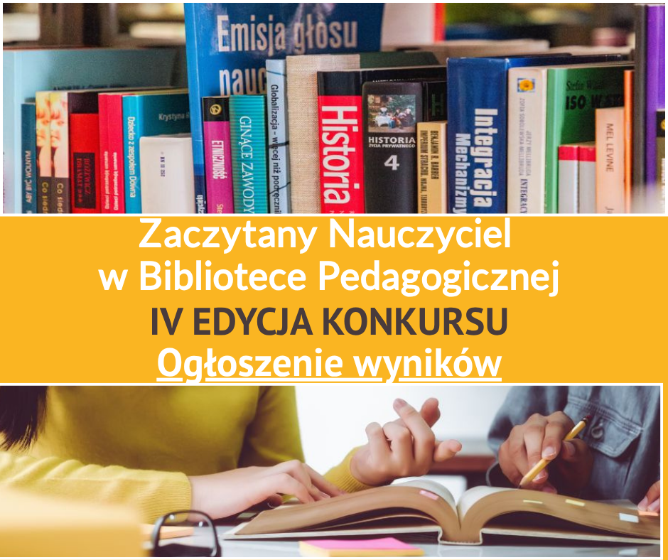 Kolorowa grafika przedstawiająca napisy, zdjęcia ludzkich dłoni oraz książek na półce.