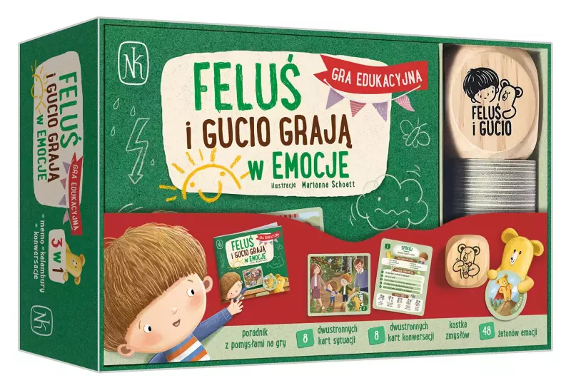 Okładka gry edukacyjnej pod tytułem: Feluś i Gucio grają w emocje