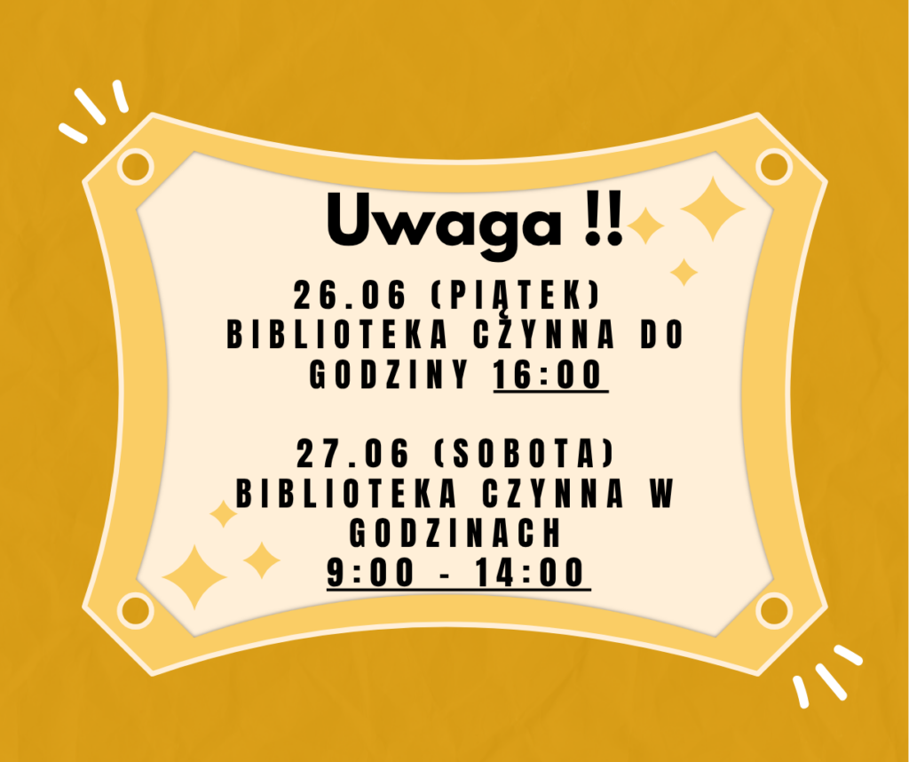 Grafika przedstawia tekst o zmianach godzin otwarcia biblioteki na żółtym tle.