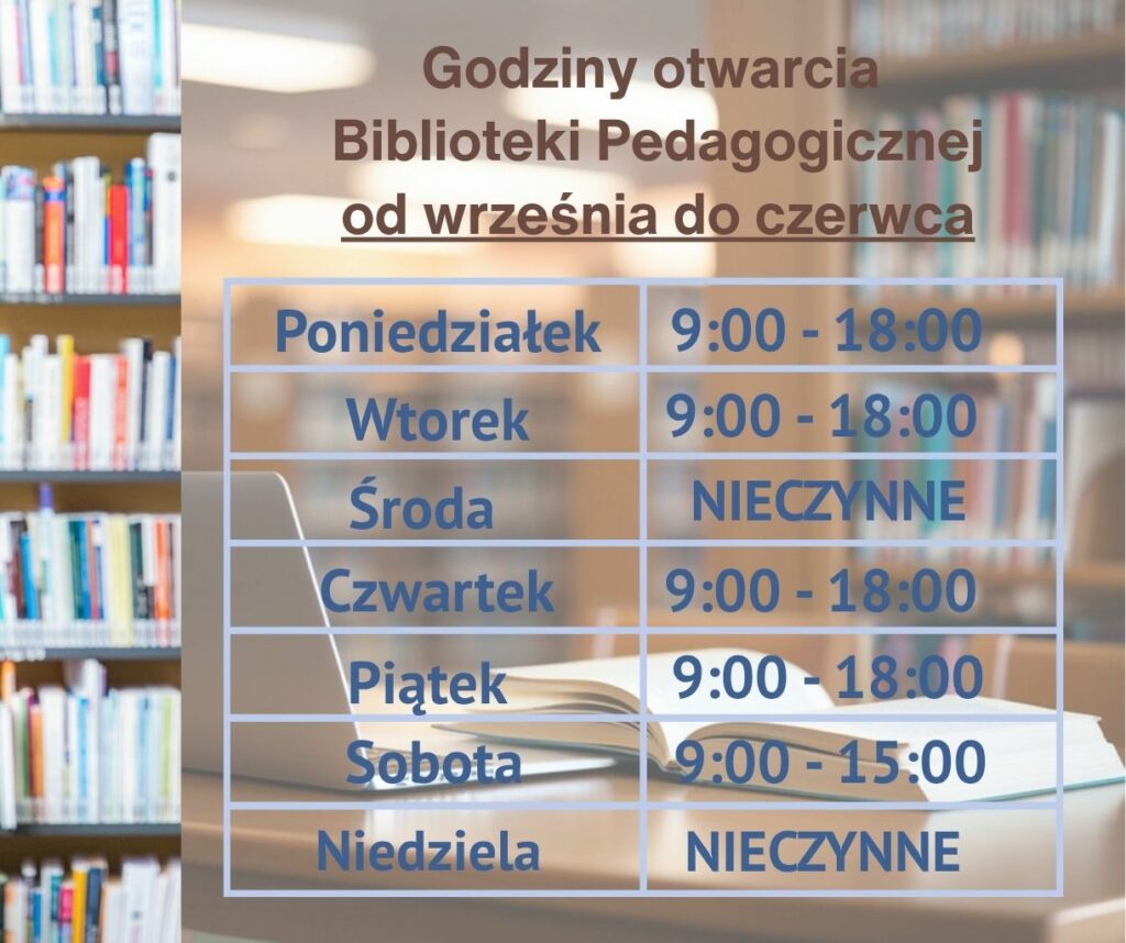 Grafika przedstawia tabelę z godzinami otwarcia biblioteki na tle pomieszczenia biblioteki.